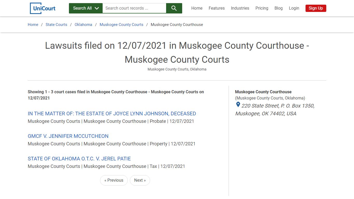 Lawsuits filed on 12/07/2021 in Muskogee County Courthouse ...